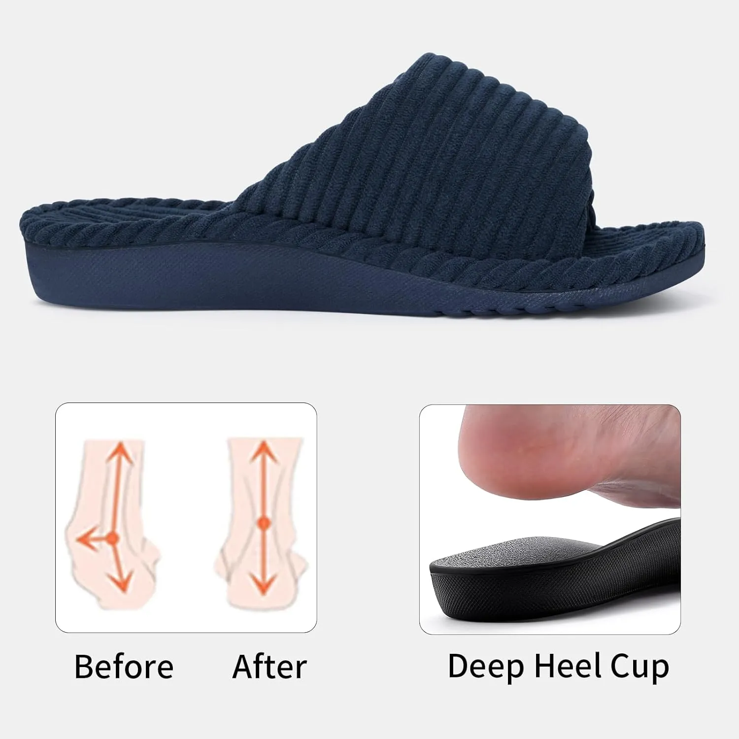 Litfun Orthopedic House Slippers for Women Adjustable Arch Support Indoor Slippers Open Toe Corduroy Bedroom Shoes