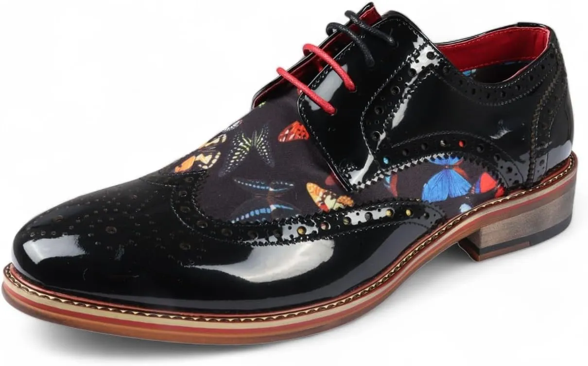 Men's Butterfly Print Patent Leather Brogue Shoes - Julius