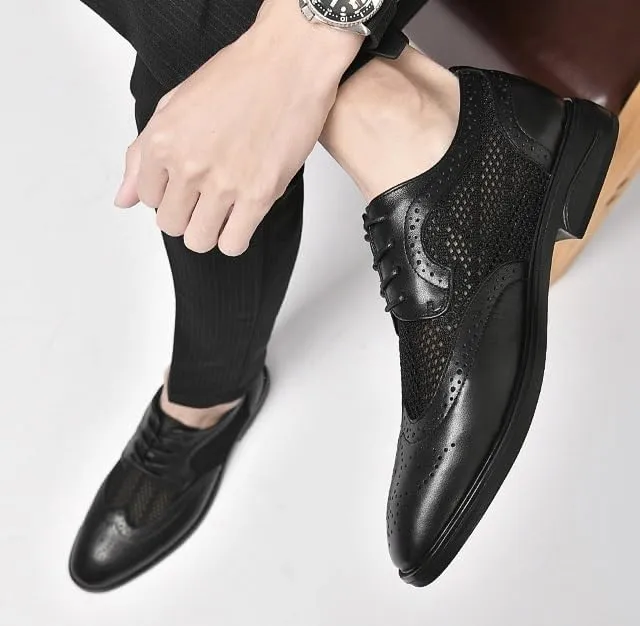 Mens Derby Shoes Summer Breathable Leather Oxfords Shoes Business Wedding Dress Shoes(8.5)