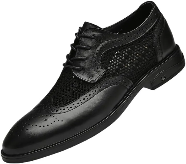 Mens Derby Shoes Summer Breathable Leather Oxfords Shoes Business Wedding Dress Shoes(8.5)
