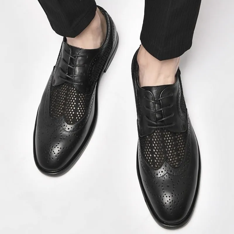 Mens Derby Shoes Summer Breathable Leather Oxfords Shoes Business Wedding Dress Shoes(8.5)