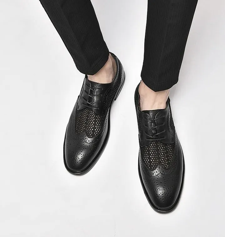 Mens Derby Shoes Summer Breathable Leather Oxfords Shoes Business Wedding Dress Shoes(8.5)