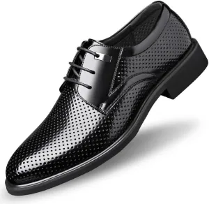 Men's Dress Shoes Men Breathable Leather Wingtip Brogue Oxfords Shoes Slip On Pointed Toe Derbys Classic Formal Business Shoes