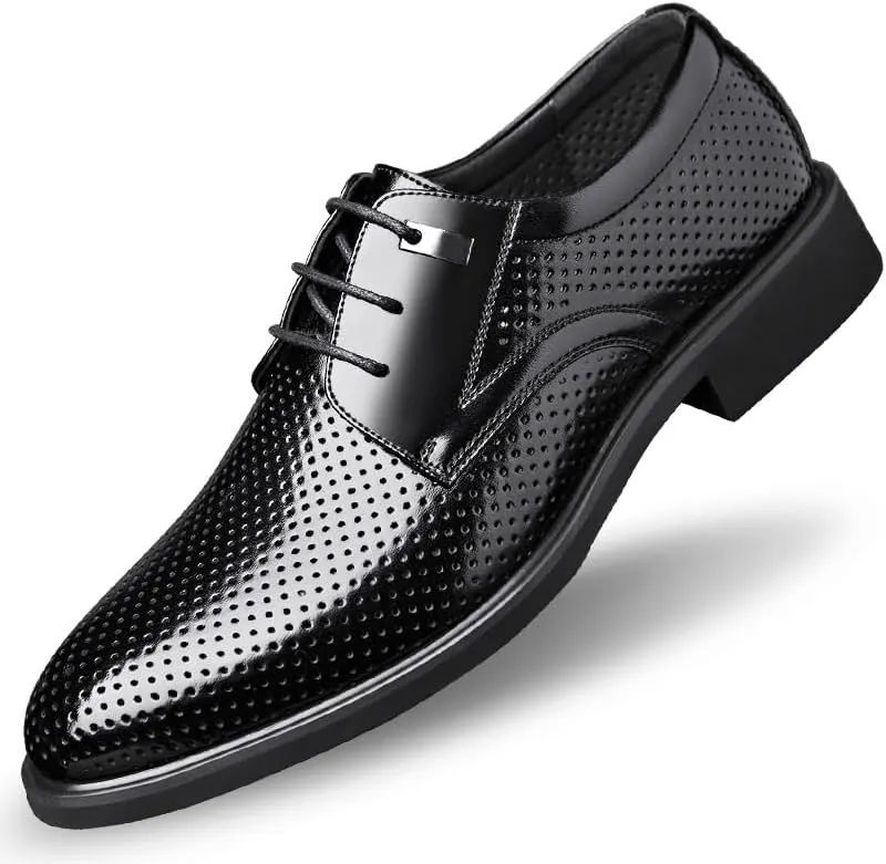 Men's Dress Shoes Men Breathable Leather Wingtip Brogue Oxfords Shoes Slip On Pointed Toe Derbys Classic Formal Business Shoes