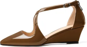 Mettesally Women's Wedges Heels Criss Cross Heeled Sandals Pointed Toe Ankle Strap Heel Pumps Fashion Dress Shoes