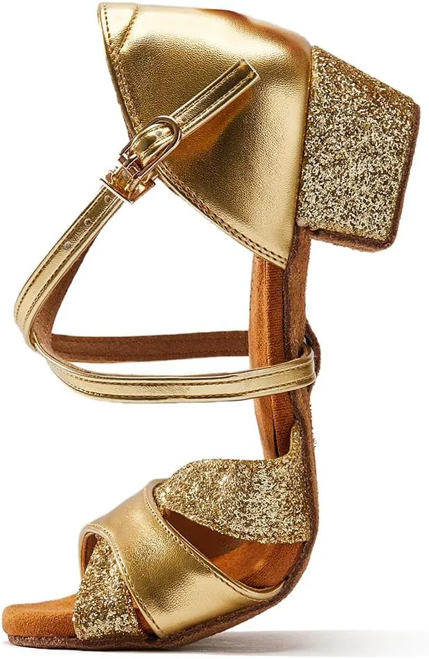 missfiona Girls Soft-Soled Glittering Latin Ballroom Dance Shoes Kids Low Heels