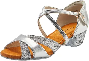 missfiona Girls Soft-Soled Glittering Latin Ballroom Dance Shoes Kids Low Heels