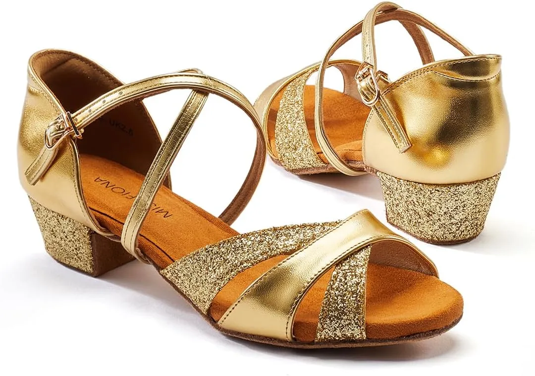 missfiona Girls Soft-Soled Glittering Latin Ballroom Dance Shoes Kids Low Heels