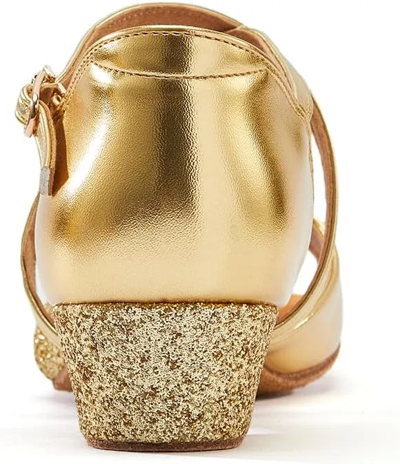 missfiona Girls Soft-Soled Glittering Latin Ballroom Dance Shoes Kids Low Heels