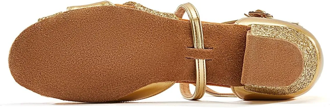 missfiona Girls Soft-Soled Glittering Latin Ballroom Dance Shoes Kids Low Heels
