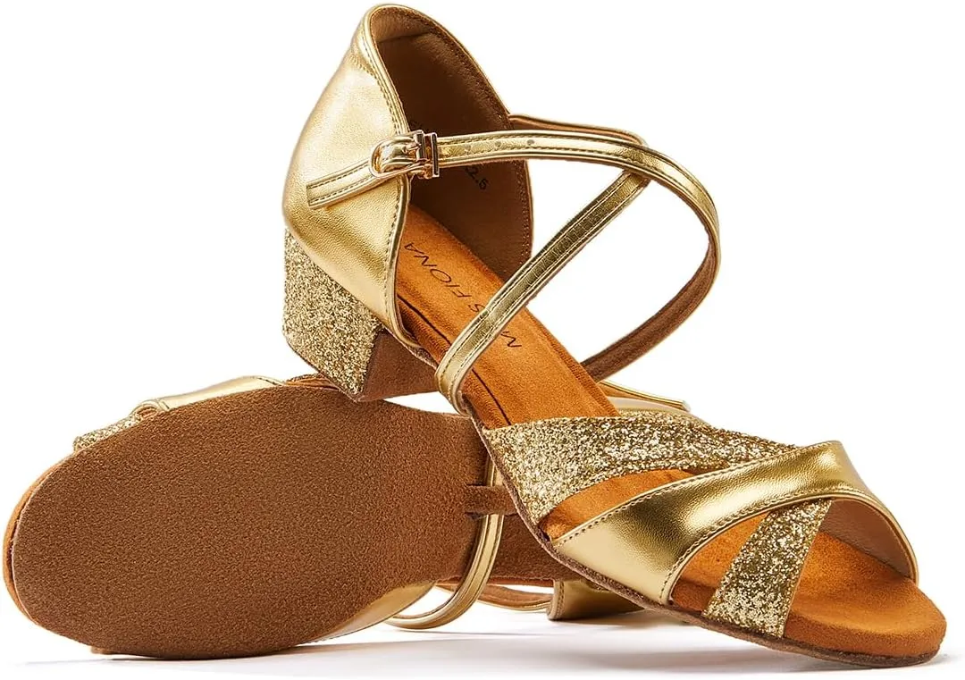 missfiona Girls Soft-Soled Glittering Latin Ballroom Dance Shoes Kids Low Heels