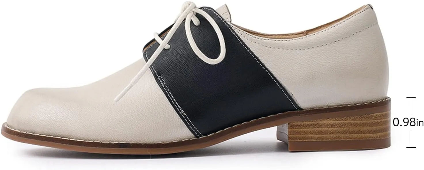 Mona flying Women's Handmade Two Tone Dress Oxfords Derby Comfy Lace up Leather Shoes for Ladies