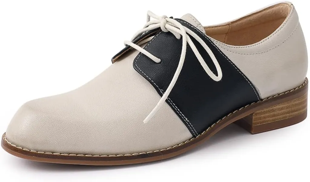 Mona flying Women's Handmade Two Tone Dress Oxfords Derby Comfy Lace up Leather Shoes for Ladies