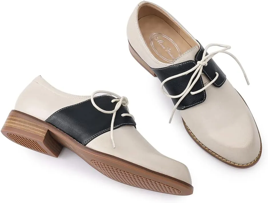 Mona flying Women's Handmade Two Tone Dress Oxfords Derby Comfy Lace up Leather Shoes for Ladies
