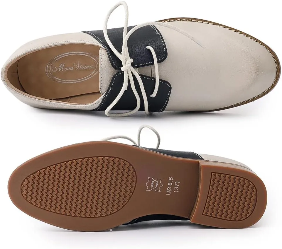 Mona flying Women's Handmade Two Tone Dress Oxfords Derby Comfy Lace up Leather Shoes for Ladies