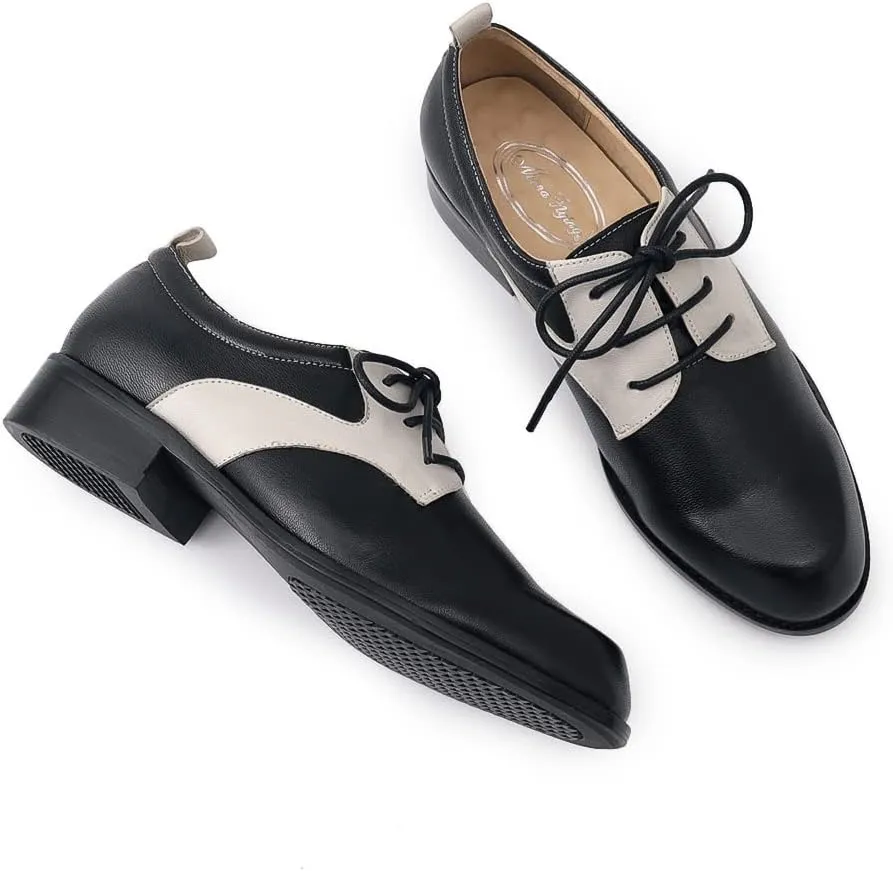 Mona flying Women's Handmade Two Tone Dress Oxfords Saddle Derby Comfy Lace up Leather Shoes for Ladies