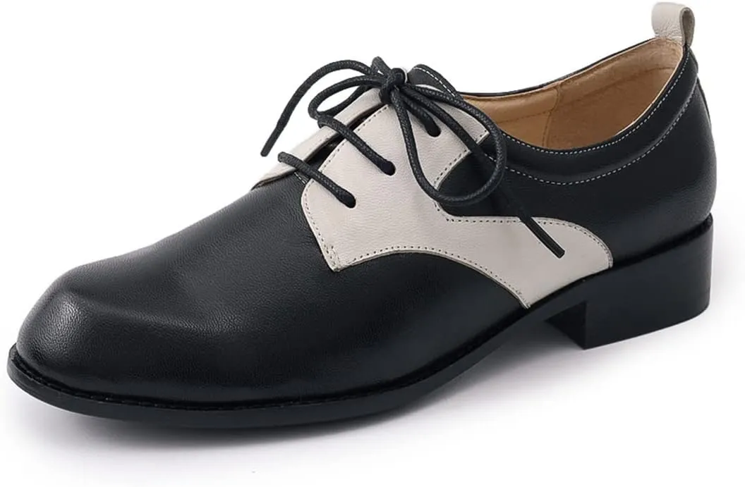 Mona flying Women's Handmade Two Tone Dress Oxfords Saddle Derby Comfy Lace up Leather Shoes for Ladies