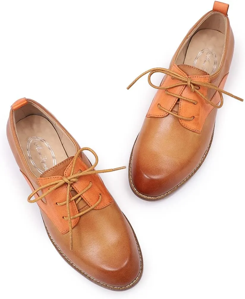 Mona flying Women's Handmade Two Tone Dress Oxfords Saddle Derby Comfy Lace up Leather Shoes for Ladies