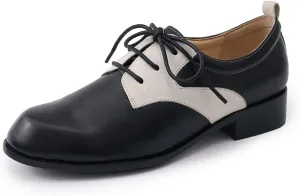 Mona flying Women's Handmade Two Tone Dress Oxfords Saddle Derby Comfy Lace up Leather Shoes for Ladies