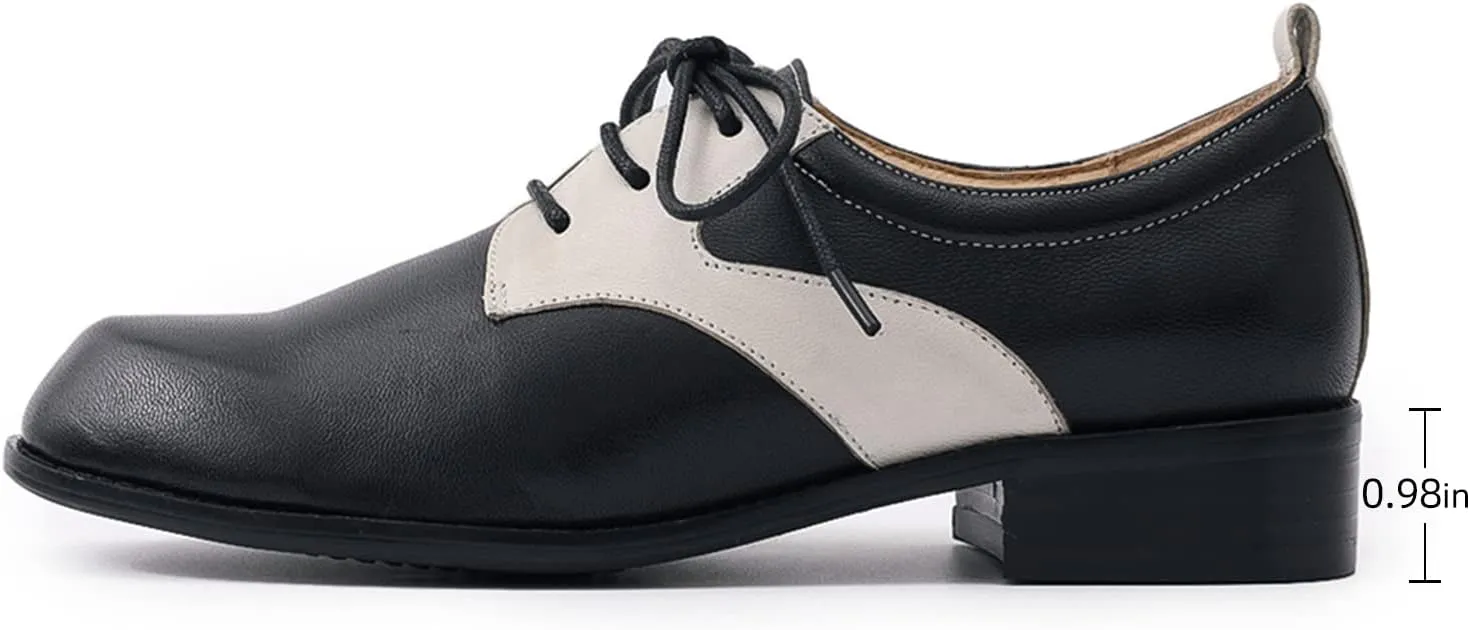 Mona flying Women's Handmade Two Tone Dress Oxfords Saddle Derby Comfy Lace up Leather Shoes for Ladies