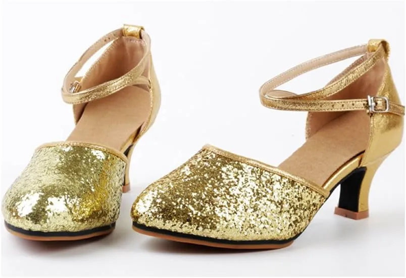 OCHENTA Women's Sequined Leather Pointed Toe Kitten Heel Latin Ballroom Dance Shoes