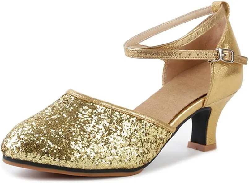 OCHENTA Women's Sequined Leather Pointed Toe Kitten Heel Latin Ballroom Dance Shoes