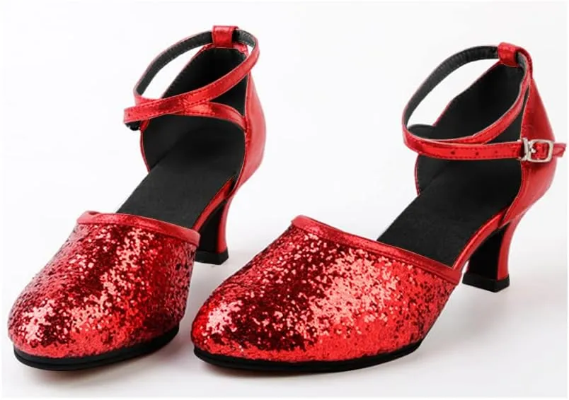 OCHENTA Women's Sequined Leather Pointed Toe Kitten Heel Latin Ballroom Dance Shoes