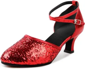 OCHENTA Women's Sequined Leather Pointed Toe Kitten Heel Latin Ballroom Dance Shoes
