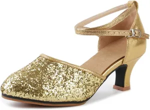 OCHENTA Women's Sequined Leather Pointed Toe Kitten Heel Latin Ballroom Dance Shoes