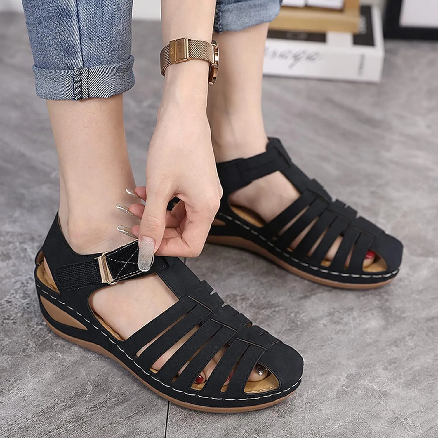 Ortho Walking Sandals for Women Sandals Women Dressy Summer Flat Gold 12w Diabetic Sandals for Women Wide Orthotic Slippers for Plantar Fasciitis Black Flats Shoes Women Women's Dressy Sandals