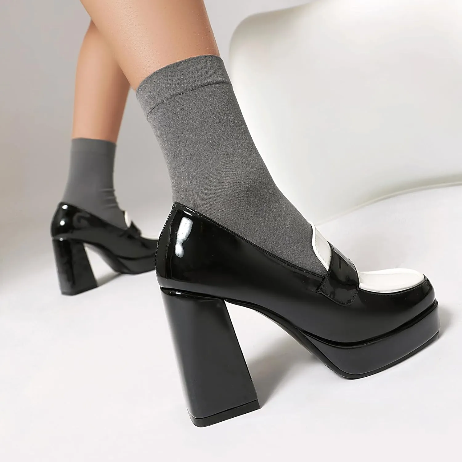 SACFOF Women Square Toe Mary Jane Shoes Platform Patent Leather Pumps Block High Heels Dress Comfortable Shoes