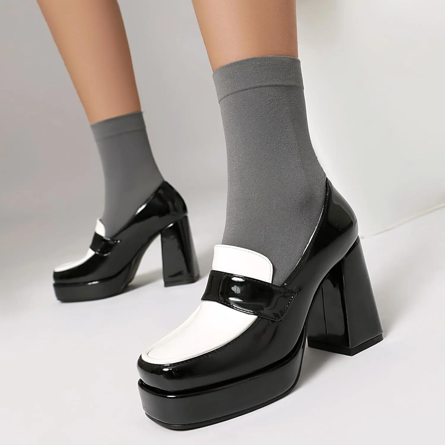 SACFOF Women Square Toe Mary Jane Shoes Platform Patent Leather Pumps Block High Heels Dress Comfortable Shoes