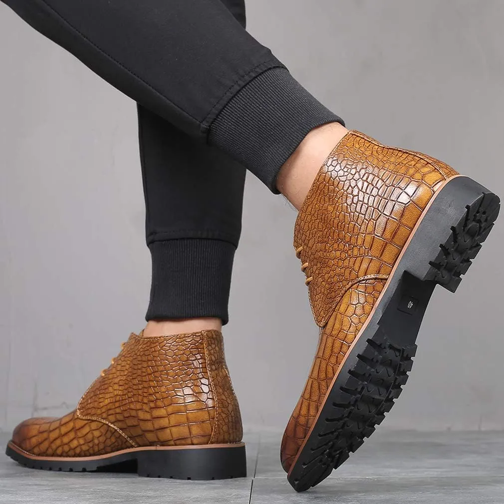 Santimon Mens Boots Casual Faux Alligator Patent Leather Oxfords Ankle Lace-up Dress Boots