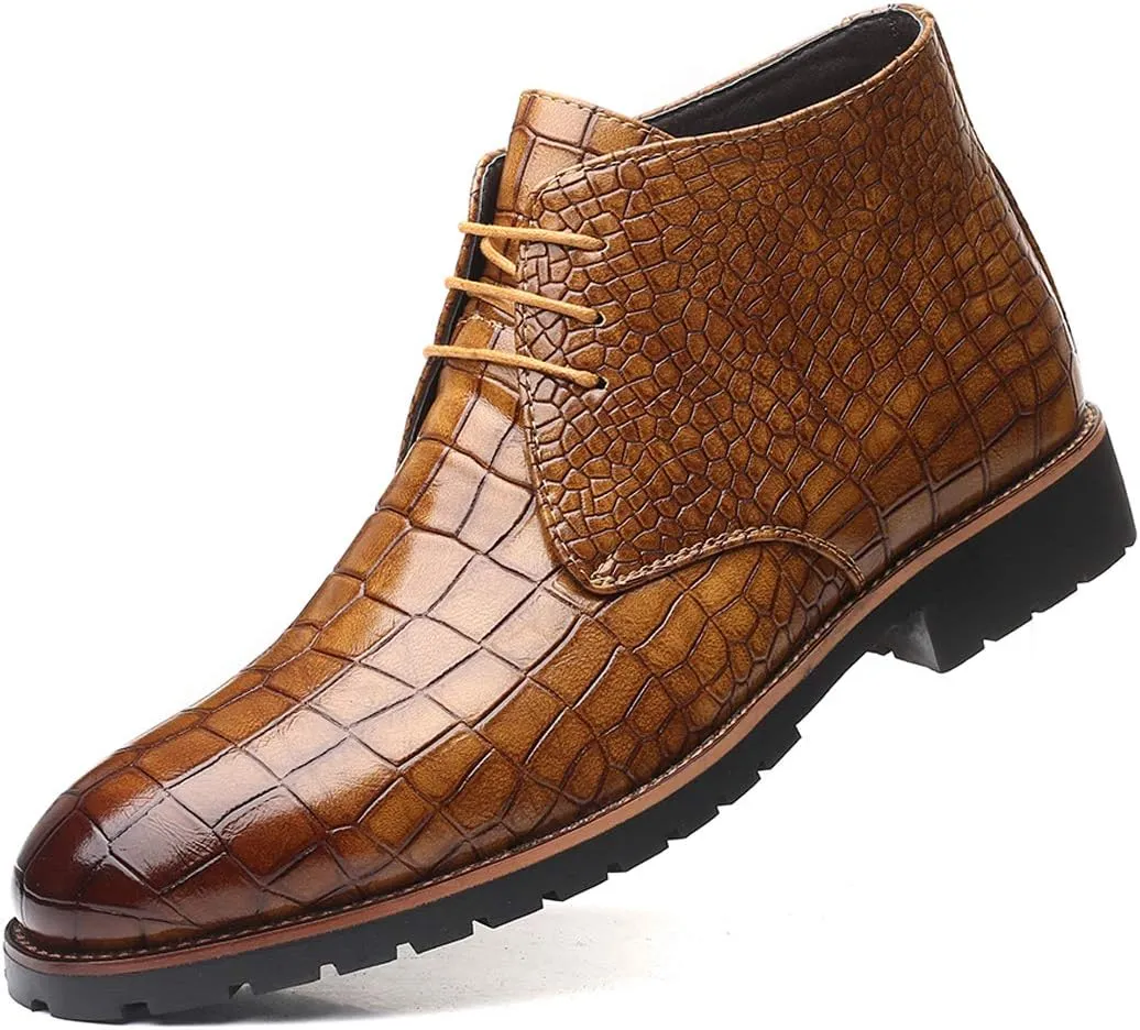 Santimon Mens Boots Casual Faux Alligator Patent Leather Oxfords Ankle Lace-up Dress Boots