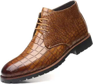 Santimon Mens Boots Casual Faux Alligator Patent Leather Oxfords Ankle Lace-up Dress Boots