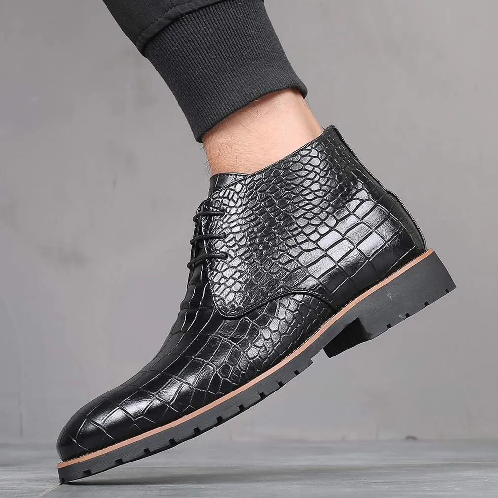Santimon Mens Boots Casual Faux Alligator Patent Leather Oxfords Ankle Lace-up Dress Boots