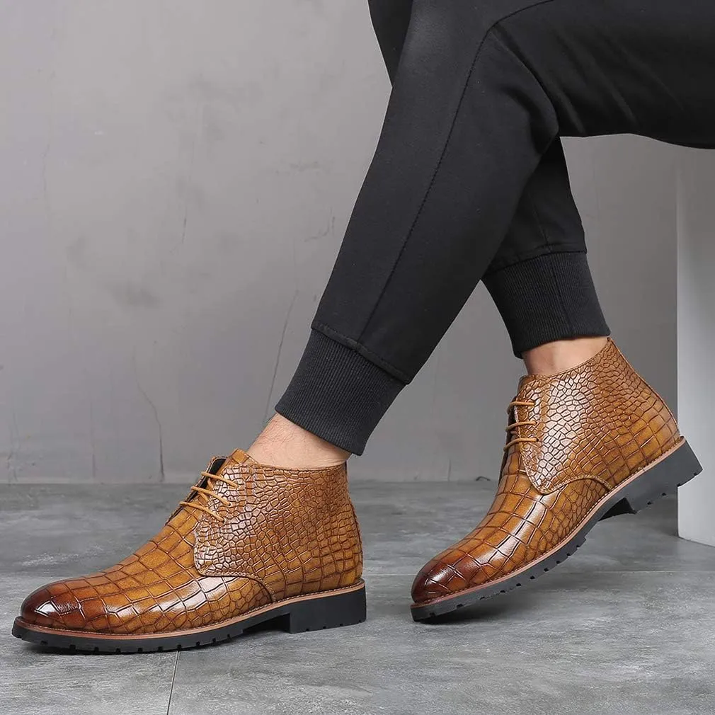 Santimon Mens Boots Casual Faux Alligator Patent Leather Oxfords Ankle Lace-up Dress Boots
