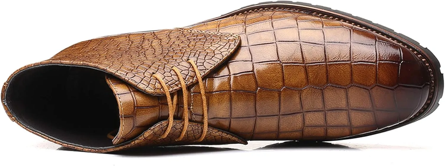 Santimon Mens Boots Casual Faux Alligator Patent Leather Oxfords Ankle Lace-up Dress Boots