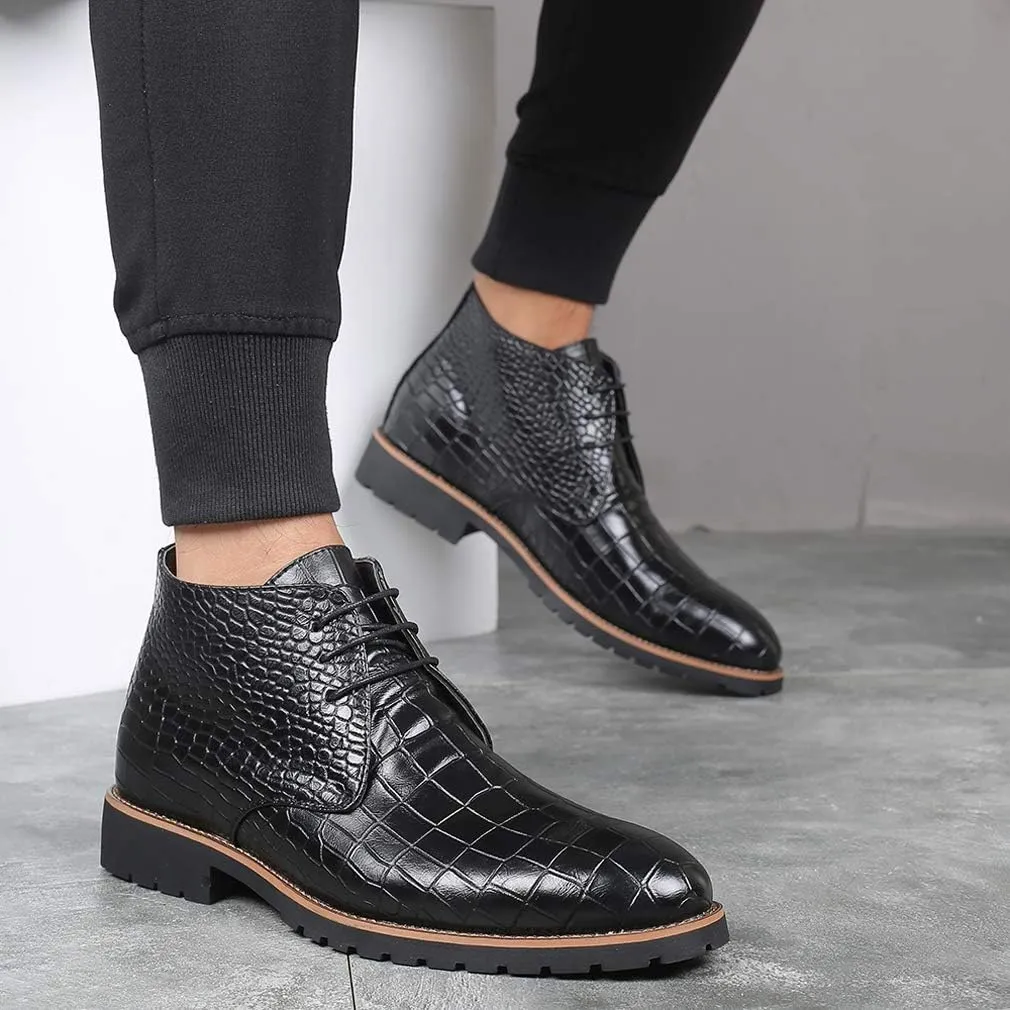 Santimon Mens Boots Casual Faux Alligator Patent Leather Oxfords Ankle Lace-up Dress Boots