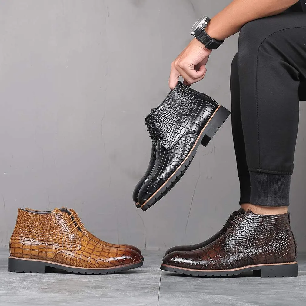 Santimon Mens Boots Casual Faux Alligator Patent Leather Oxfords Ankle Lace-up Dress Boots