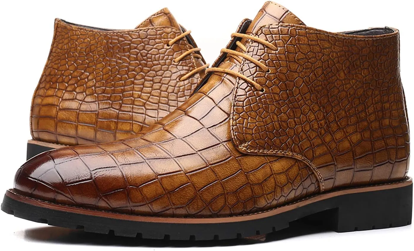 Santimon Mens Boots Casual Faux Alligator Patent Leather Oxfords Ankle Lace-up Dress Boots
