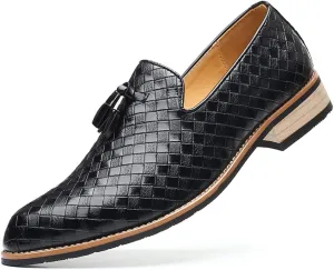 Santimon Men's Woven Tassel Smoking Loafers Classic Leather Business Foraml Dress Office Casual Slip On Vintage Brogue Shoes