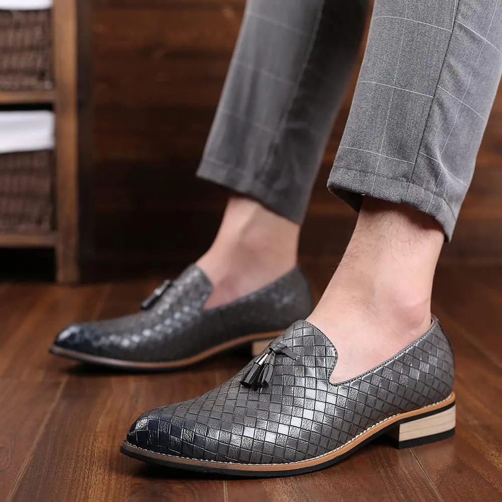 Santimon Men's Woven Tassel Smoking Loafers Classic Leather Business Foraml Dress Office Casual Slip On Vintage Brogue Shoes