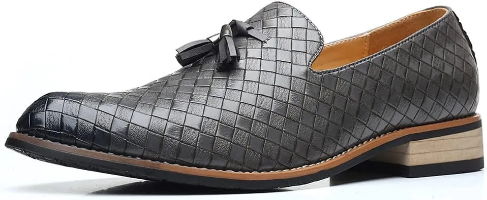 Santimon Men's Woven Tassel Smoking Loafers Classic Leather Business Foraml Dress Office Casual Slip On Vintage Brogue Shoes