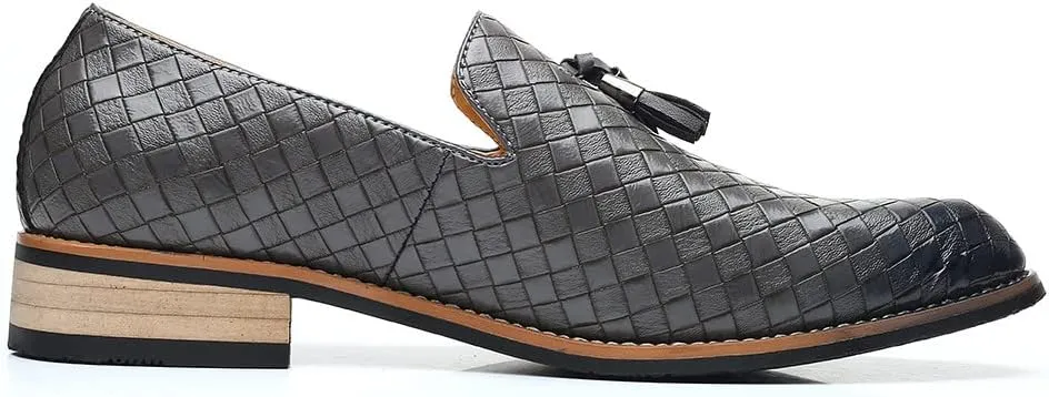 Santimon Men's Woven Tassel Smoking Loafers Classic Leather Business Foraml Dress Office Casual Slip On Vintage Brogue Shoes