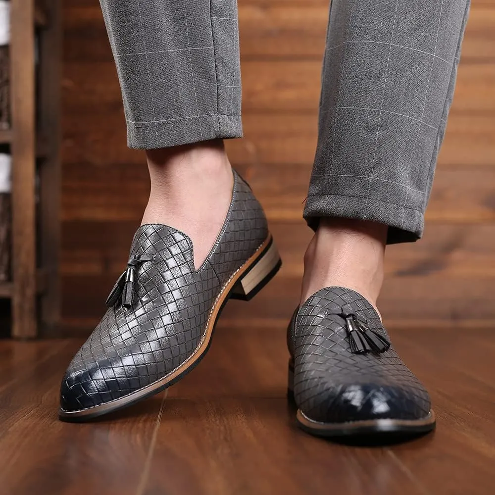 Santimon Men's Woven Tassel Smoking Loafers Classic Leather Business Foraml Dress Office Casual Slip On Vintage Brogue Shoes