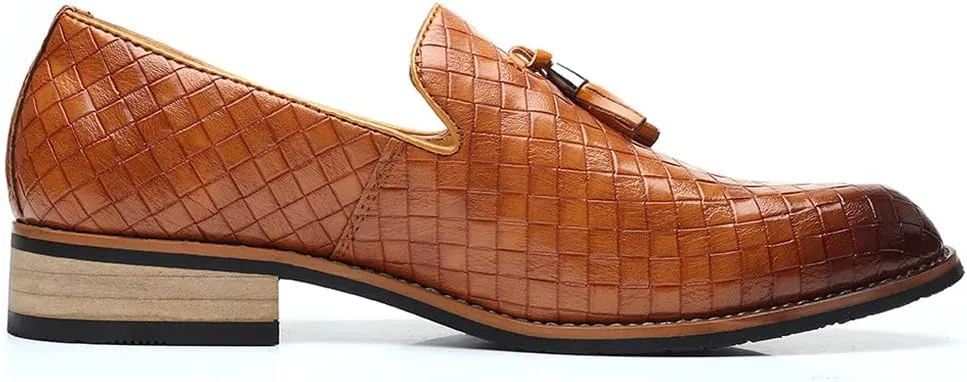 Santimon Men's Woven Tassel Smoking Loafers Classic Leather Business Foraml Dress Office Casual Slip On Vintage Brogue Shoes
