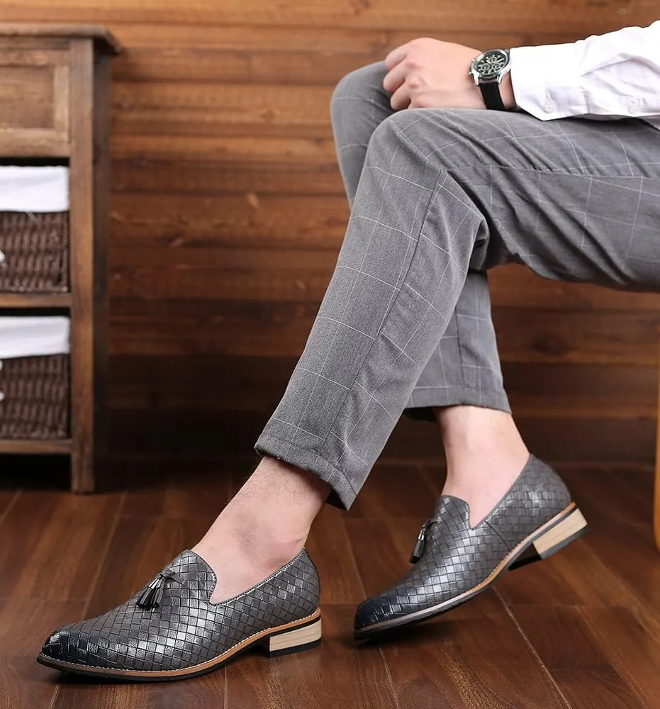 Santimon Men's Woven Tassel Smoking Loafers Classic Leather Business Foraml Dress Office Casual Slip On Vintage Brogue Shoes