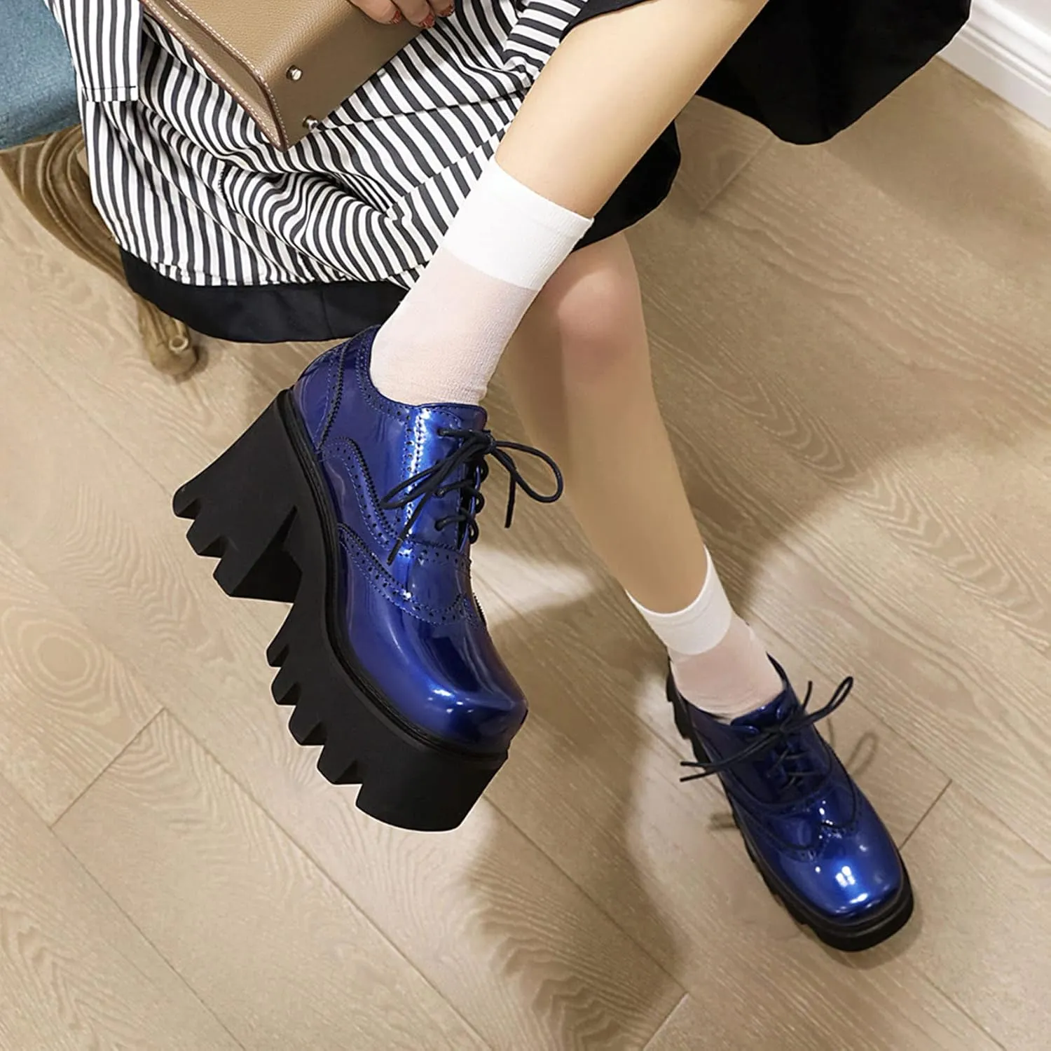 SHEMEE Women's Vintage Wingtip Oxfords Pumps Chunky Platform Block High Heel Round Toe Lace Up Gothic Brogue Shoes