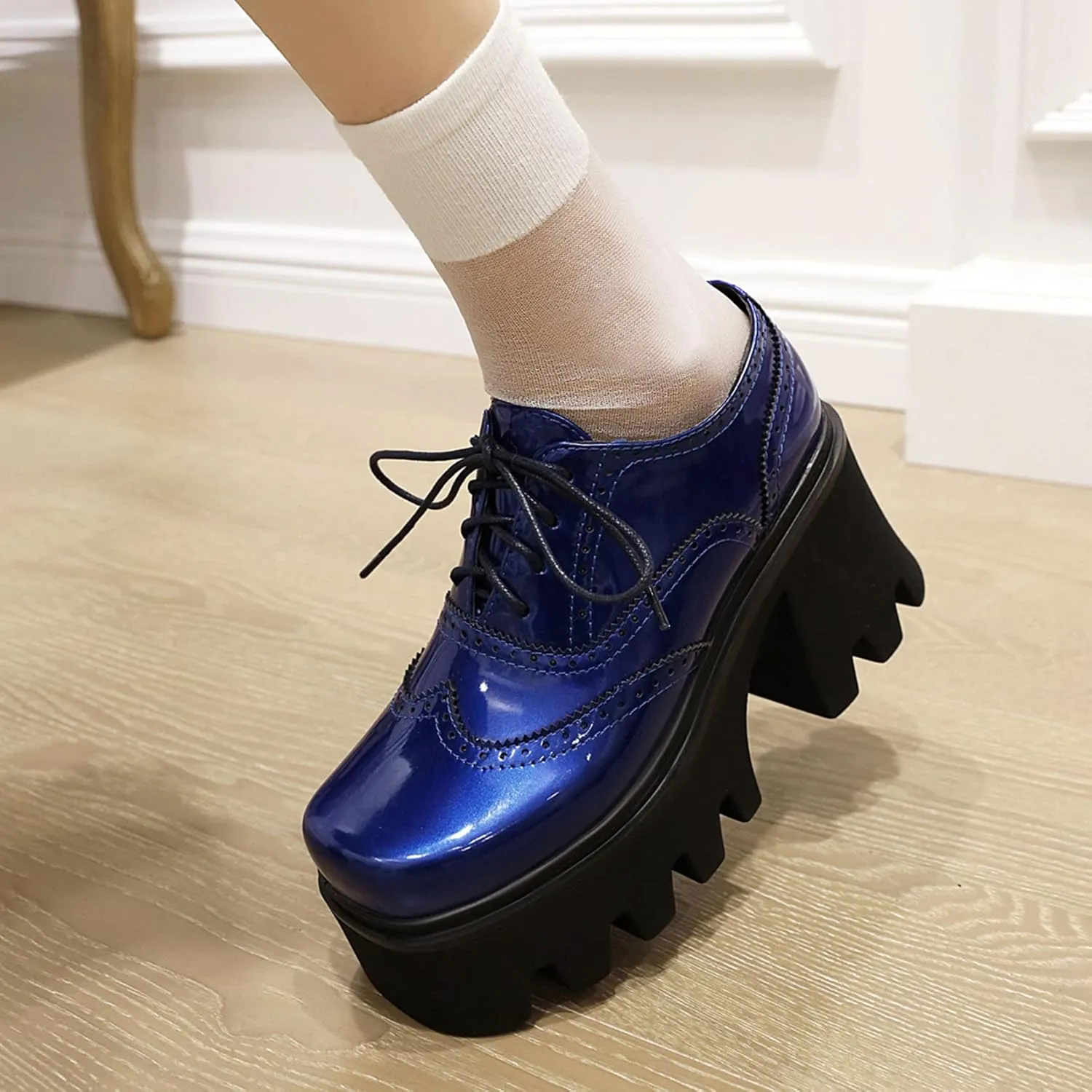 SHEMEE Women's Vintage Wingtip Oxfords Pumps Chunky Platform Block High Heel Round Toe Lace Up Gothic Brogue Shoes